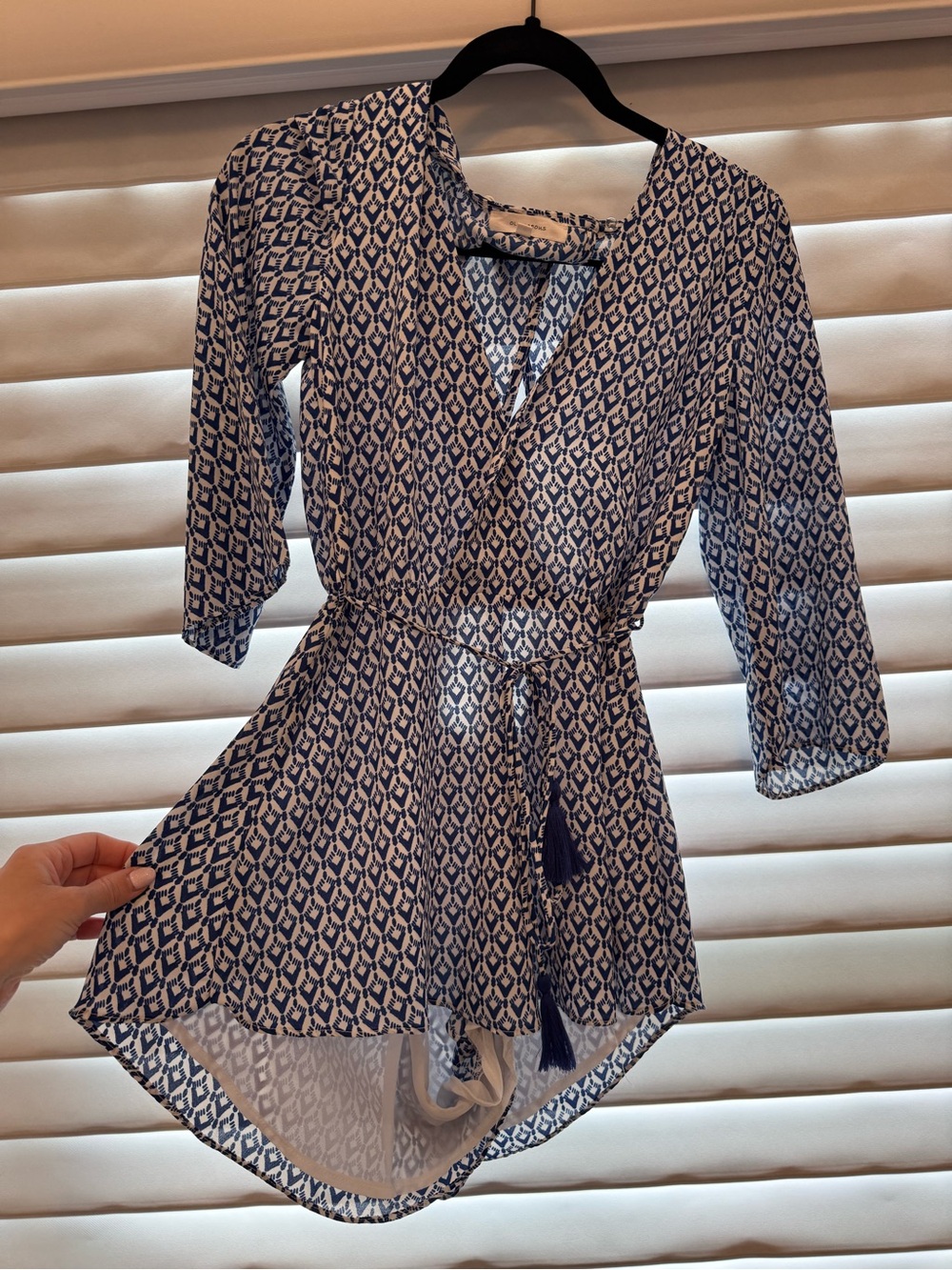 Blue & White Printed Wrap-Front Women's Romper with Tassel Tie